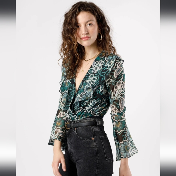 Band of Gypsies Tops - Band of the Free Bonnie Emerald Floral Long Sleeve Bodysuit XS